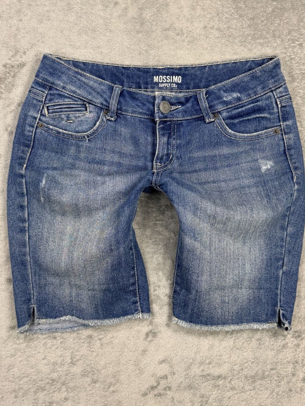Y2K 2000s Mossimo Low Rise Jean Shorts Womens 5 Distressed Grunge Stretch Blue